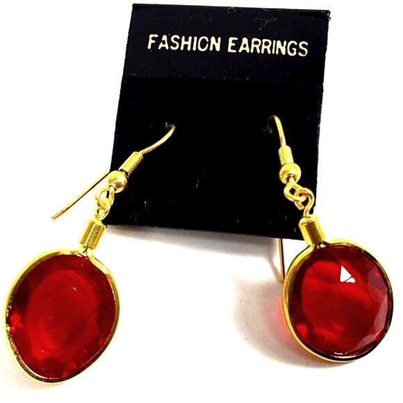 Elegant Red Gem 1.5" Drop Earrings – Gold Tone Oval Dangle – Lightweight Jewelry - Picture 2 of 7